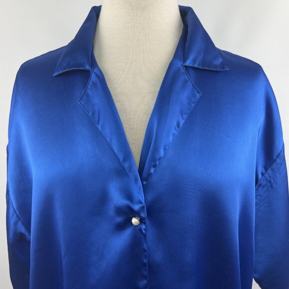 Vtg Victorias Secret Sz P/S Blue Gold Label Night Shirt Satin Button Up Pearls - Picture 2 of 8